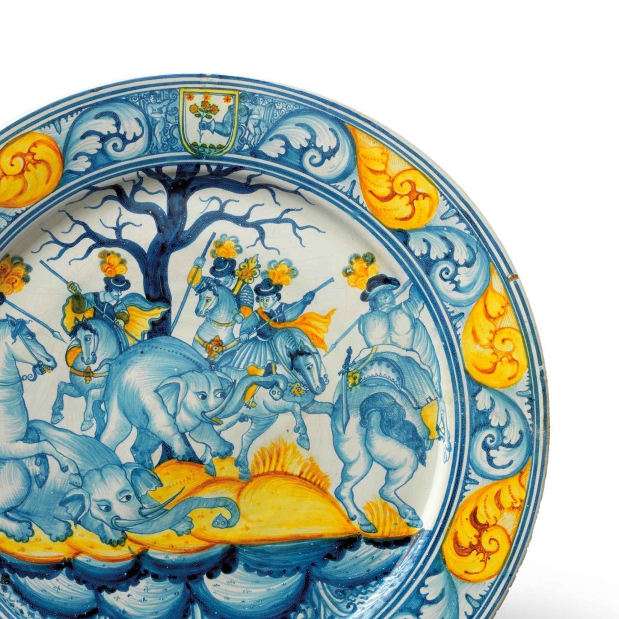 Piatto-istoriato-laertino-maiolica-di-laterza-blu-cobalto-giallo-ocra